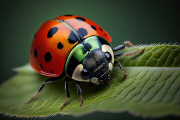 Fototapeta premium Ladybird on a leaf, macro closeup. Generative AI