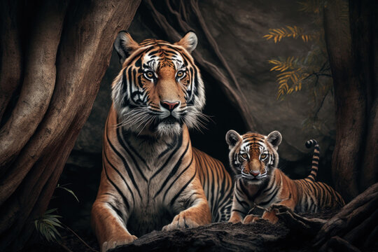 Tiger with cub in natural habitat. Generative AI
