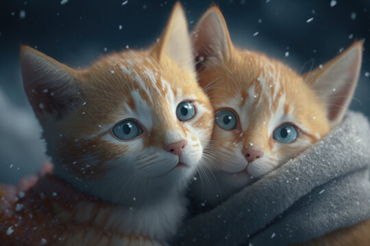 Two baby cats cubs cuddle together in winter time. Generative AI
