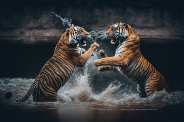 Two Tigers fighting at the river. Generative AI - obrazy, fototapety, plakaty