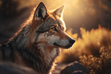 Fototapeta premium Close wild Wolf in nature habitat. Generative AI