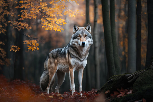 Close wild Wolf in nature habitat. Generative AI