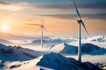 Panoramic view of wind farm with high wind turbines