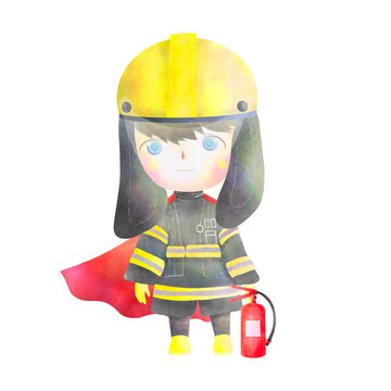 Watercolor superhero fireman hand-drawn. Fireman cartoon character illustration. Firefighter, fireman hero, emergency