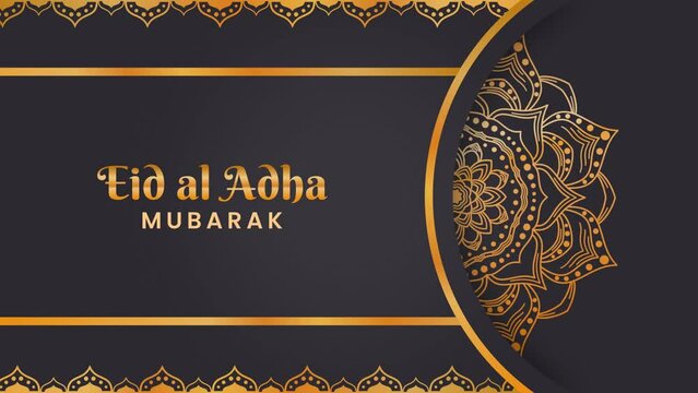 Eid al Adha Mubarak animation with a gold rotating mandala on black background