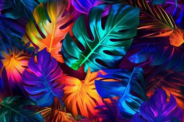 creative fluorescent color layout made of tropical leaves. colorful leaves background. red and yellow background. Generative AI