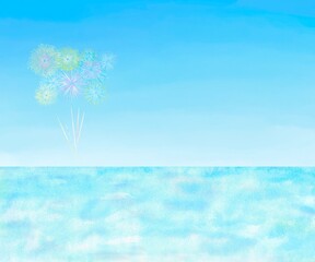 Fototapeta na wymiar 昼間の海から見える打ち上げ花火のイラスト。水彩イラストを使用したかわいい背景フレーム。
