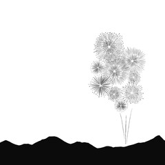 山から花火が打ちあがる様子の背景イラスト。白黒のシルエット。