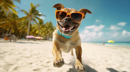 A cute dog wearing an orange sunglasses running happily in a tropical beach on a sunny day. Created using Generative AI.