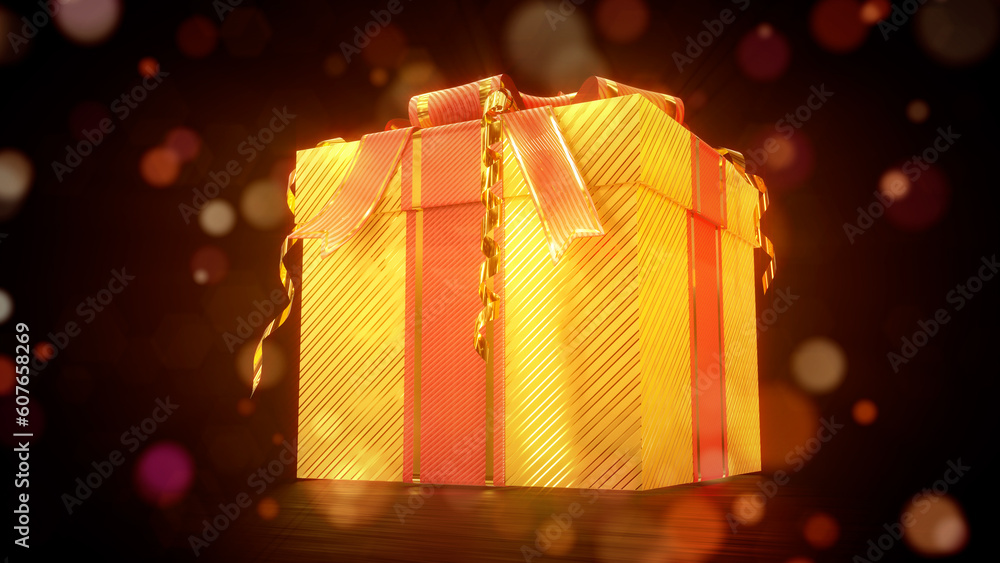 Poster golden - red present on festival backdrop - object 3d rendering