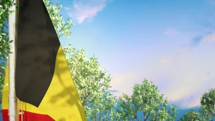 Waving flag of Belgium on woods and blue sky background - Powered by Adobe