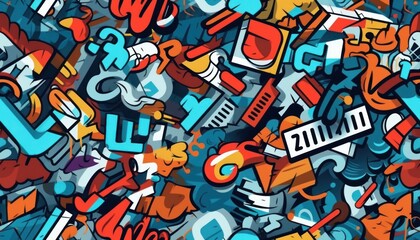 Obraz premium Doodle Art Seamless Pattern, Fashion Textile, Sport clothes, Street Art Graffiti Style Background. Generative Ai