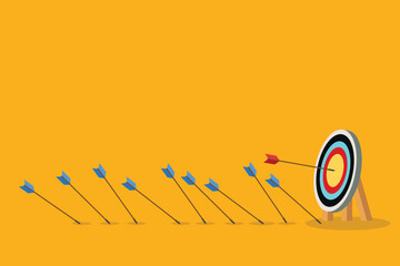 Business challenge failure and success concept. Blue arrows missed hitting target and only red one hits the center.	