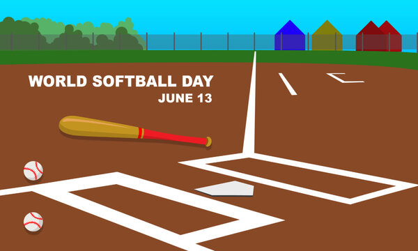 close up of softball or baseball field with bat and 2 softball balls commemorating WORLD SOFTBALL DAY On June 13
