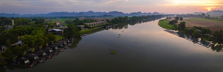 Aerial view of River Kwai and floating houses in Kanchanaburi province, Thailand