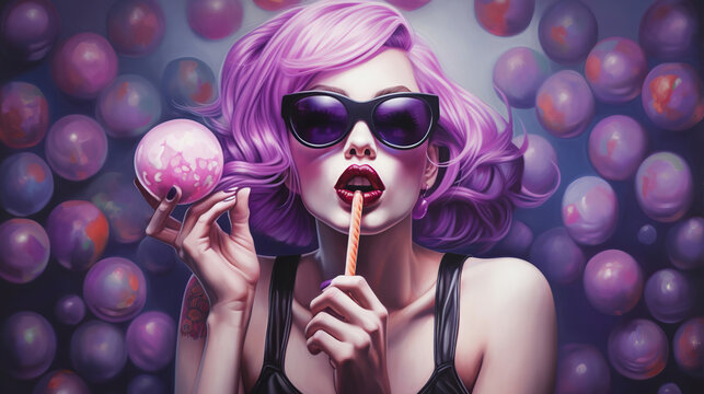 Woman in sunglasses with purple hair, pop art ai illustration   