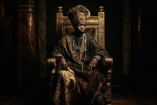 Image of an African king sitting on a throne. General AI.