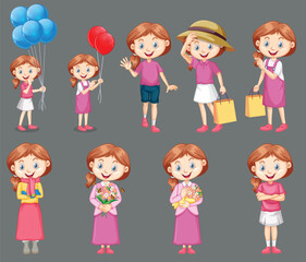 Set of happy girl in pink doing different activities by the greatest graphics