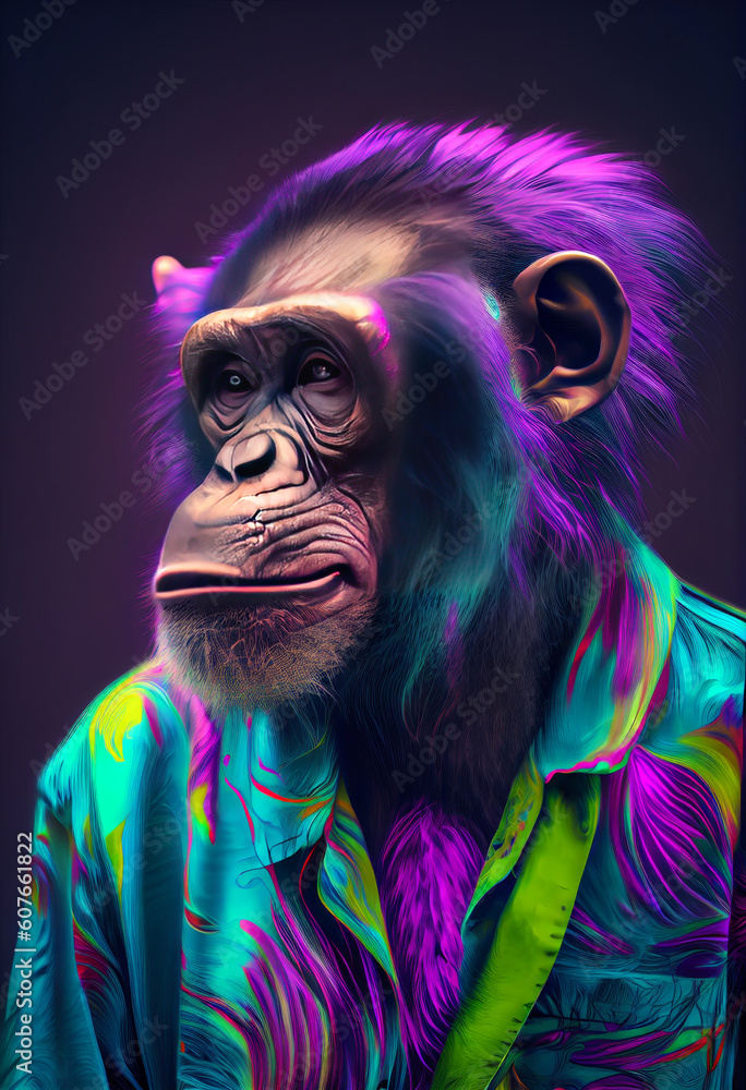 Poster a close-up portrait of an ape, displaying its human-like features and intelligence. an amazing prima