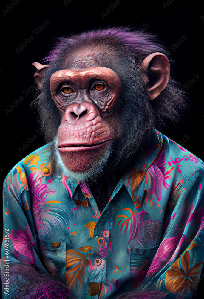 Poster a close-up portrait of an ape, displaying its human-like features and intelligence. an amazing prima