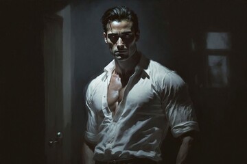 muscular man in white shirt created with Generative AI technology