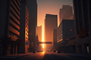 A city street with a sunset in the background, Generative AI