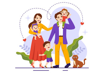 Family Values Vector Illustration of Mother, Father and Kids by Side with Each Other in Love and Happiness Flat Cartoon Hand Drawn Templates