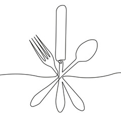 Continuous One Line Drawing. Spoons, Forks, Knife, Eating Utensils. Cooking Utensils Line Art Style for Logos, Business Cards, Banners. Black and White Minimalist Vector illustration 