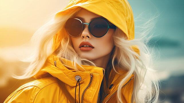 Model In Yellow Jacket And Sunglasses, Ai Fasion Illustration 