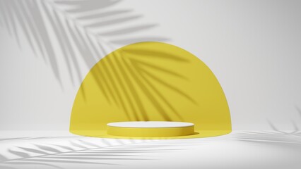 3D rendering podium for product simply design with circle yellow in back.Shadow natural leaf drop...