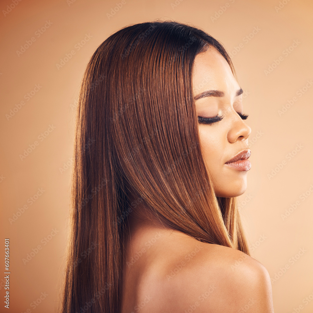 Poster Hair care, beauty and face of woman in studio for wellness, keratin treatment and makeup. Salon, hairdresser and profile of female person on brown background for growth, texture style and cosmetics