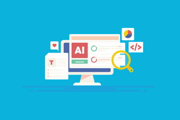 AI software technology improves website functionality, user experience, content creation and data analytics for search engine optimization. Vector illustration web banner.