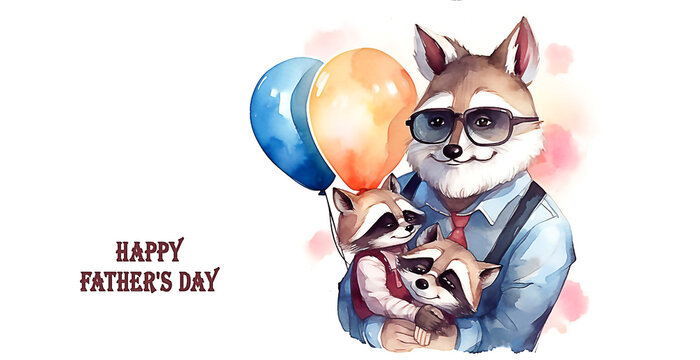 Happy cartoon Father's day card with cute father raccoon and a little raccoon. Post processed AI generated image.