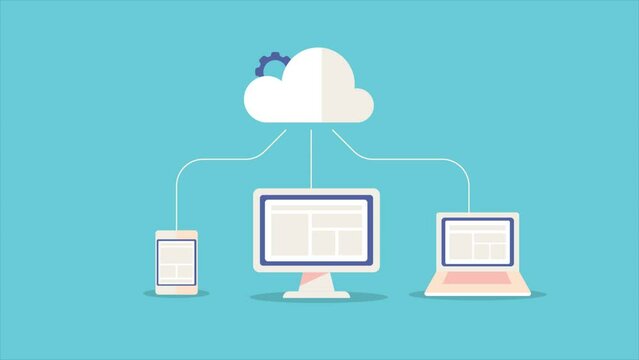 Content delivery network cloud technology. Distribution of web content from cloud server to digital devices. Video animation.