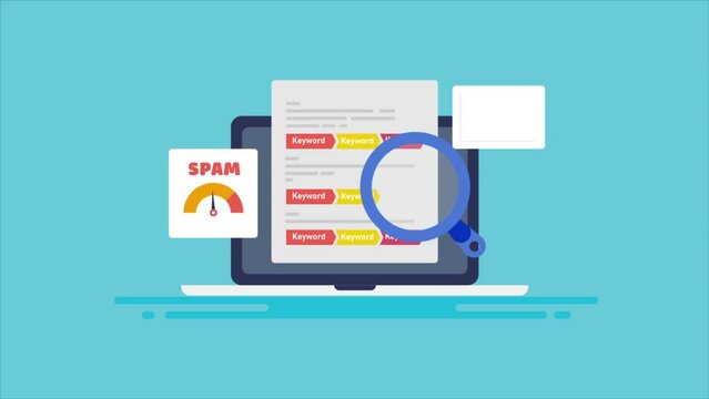 Keyword stuffing in web content, unauthorised seo practice, spamming search engine attempt to high ranking, website on laptop screen with spam meter, video animation.