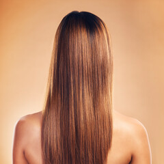 Woman, hair and beauty with hairstyle and back view, haircare and keratin treatment isolated on...