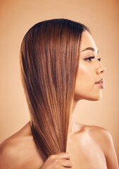 Woman, hair and beauty with hairstyle and profile, haircare and keratin treatment isolated on studio background. Female model with highlights, color and cosmetic care, texture and growth with shine