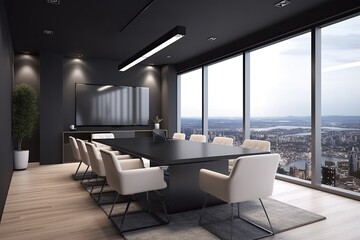 Fototapeta na wymiar Interior of modern meeting room with concrete floor, panoramic window and city view