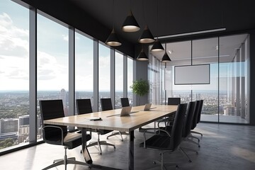 Interior of modern meeting room with concrete floor, panoramic window and city view