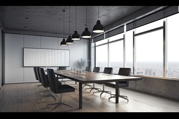 Interior of modern meeting room with concrete floor, panoramic window and city view