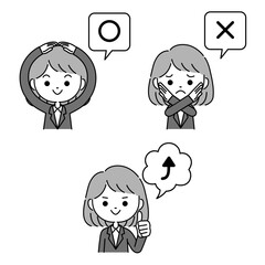 吹き出し付きのスーツ姿の女性のマルバツチェック表現イラスト　モノクロ