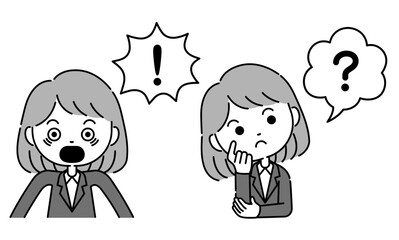 吹き出し付きのスーツ姿の女性の感嘆符表現イラス　モノクロ