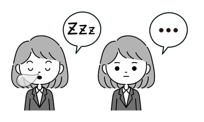 吹き出し付きのスーツ姿の女性の睡眠と沈黙の表現イラスト　モノクロ