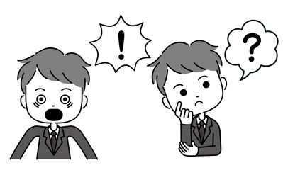 吹き出し付きのスーツ姿の男性の感嘆符表現イラスト　モノクロ