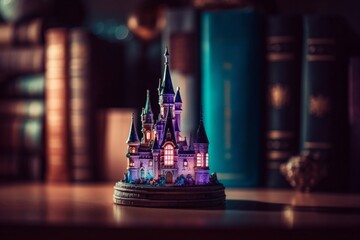 figure of a luminous fairy tale castle in a bookcase created with Generative AI technology