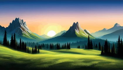 Poster landscape of mountains and green hills. Summer nature landscape with rocks, forest, grass, sun, sky and clouds. National park or reserve. Vector illustration in flat style © Павел Кишиков