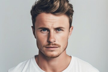 Obraz premium attractive man with well-groomed beard and blue eyes created with Generative AI technology