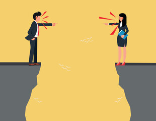 Employee relationship problems in the organization. businessmen and women are arguing while standing on a cliff.