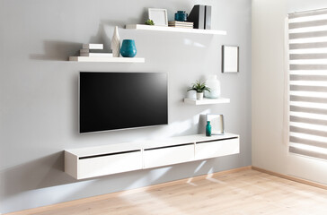 A modern tv room, flat-screen television is propped up on a bookshelf, surrounded by decorative items and framed photos