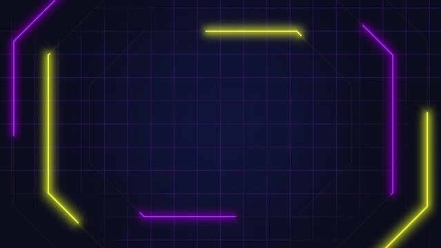 Digital computer screen with neon led lines and grid, motion abstract corporate, cyber, futuristic and retro style background